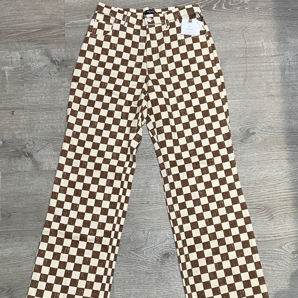 Brown and Cream Checkered Flare Pants
